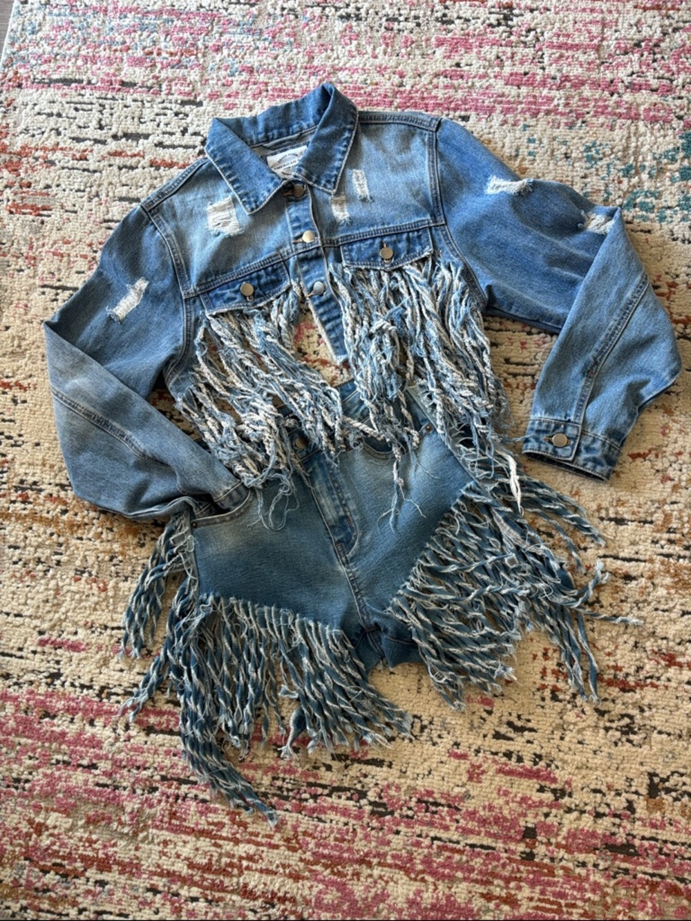 American Bazi Light Blue Distressed Denim Fringe Coverup Jacket
